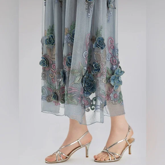 Rich Radi Q’s 3-D Floral Silk Skirt – Bluish Gray, Handcrafted Couture - Picture 3 of 9